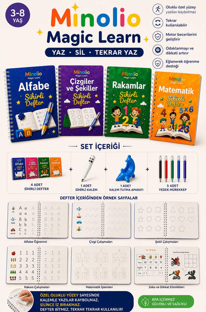 Minolio Magic Learn — Kabartmalı Sihirli Yazı Seti + Sihirli Kalem Hediye
