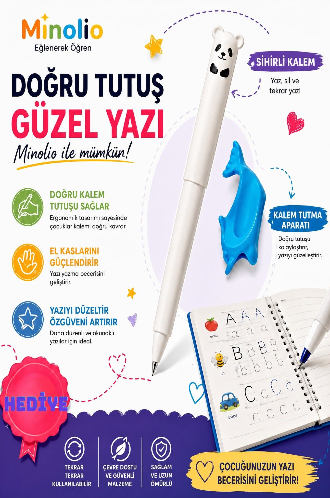 Minolio Magic Learn — Kabartmalı Sihirli Yazı Seti + Sihirli Kalem Hediye