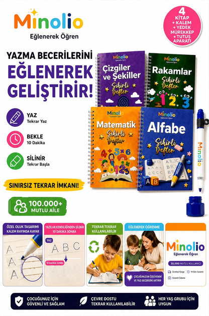 Minolio Magic Learn — Kabartmalı Sihirli Yazı Seti + Sihirli Kalem Hediye
