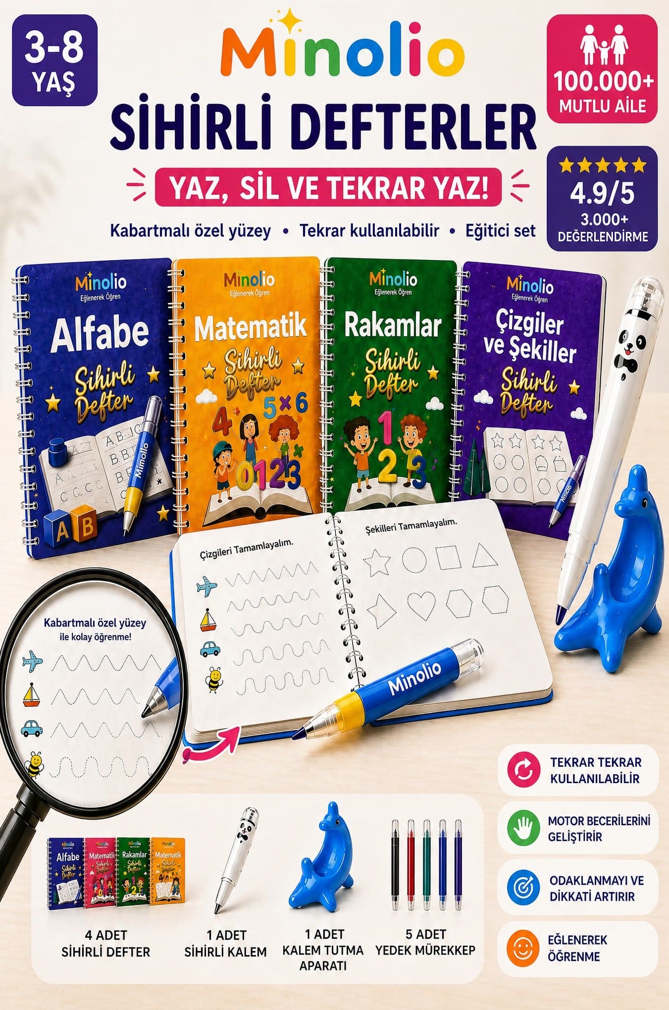 Minolio Magic Learn — Kabartmalı Sihirli Yazı Seti + Sihirli Kalem Hediye