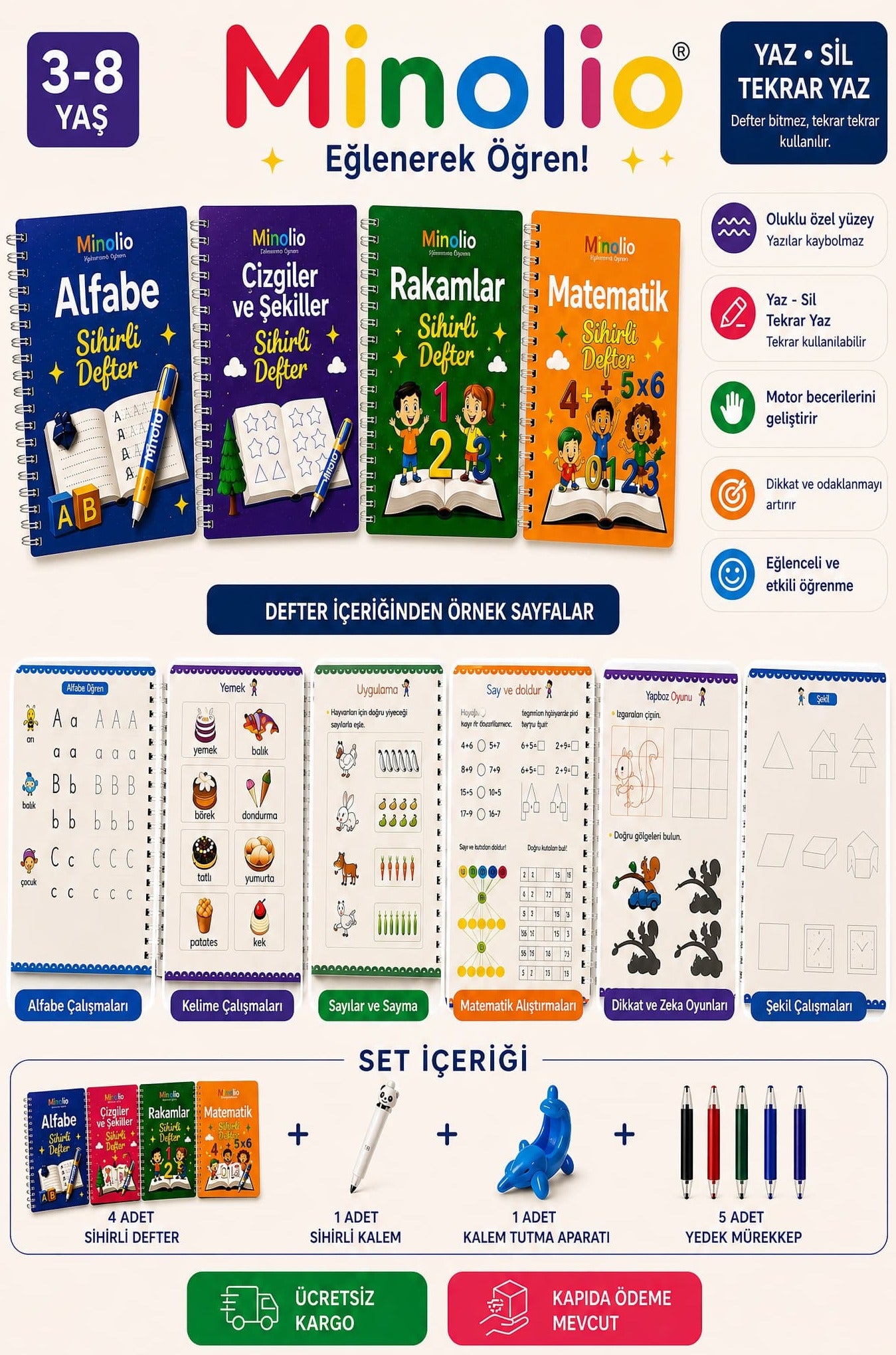 Minolio Magic Learn — Kabartmalı Sihirli Yazı Seti + Sihirli Kalem Hediye