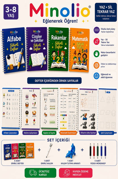 Minolio Magic Learn — Kabartmalı Sihirli Yazı Seti + Sihirli Kalem Hediye