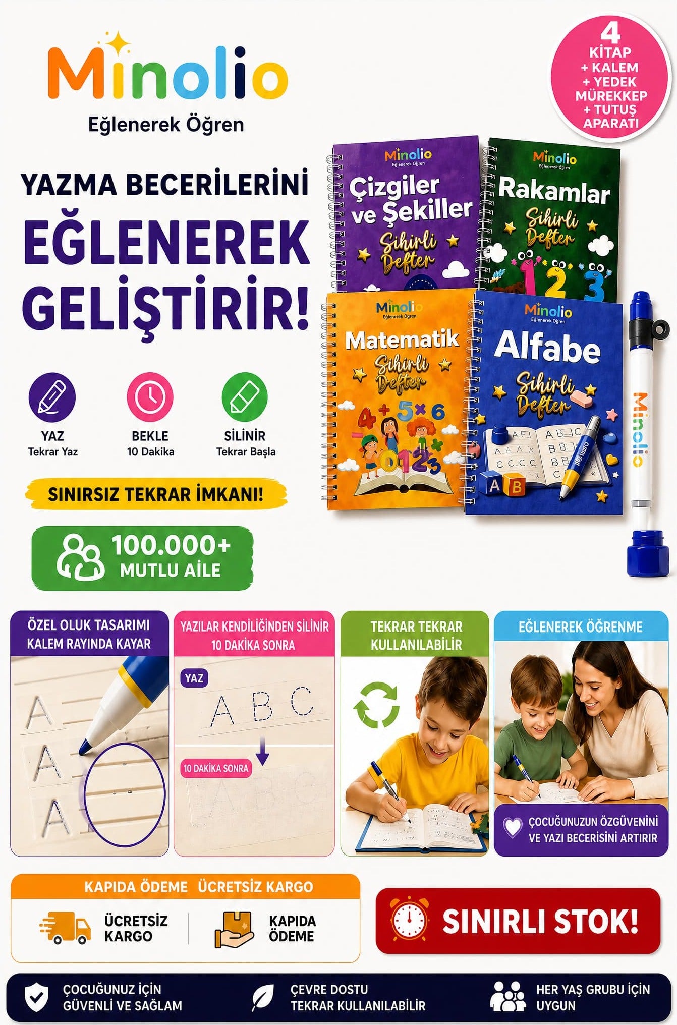 Minolio Magic Learn — Kabartmalı Sihirli Yazı Seti + Sihirli Kalem Hediye
