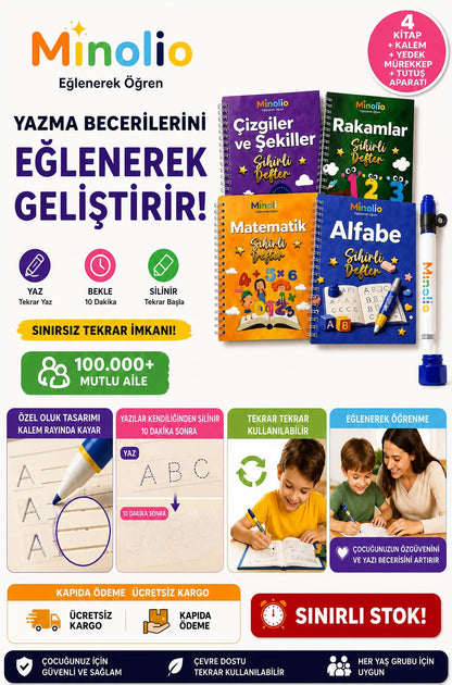 Minolio Magic Learn — Kabartmalı Sihirli Yazı Seti + Sihirli Kalem Hediye